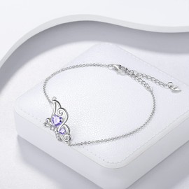 Purple Butterfly Heart Bracelets Women 925 Sterling Silver Animal Butterflies June Created Alexandrite Birthstone Alexandrite Link Adjustable Bracelet Crystal Wedding Birthday Jewelry DB0118U