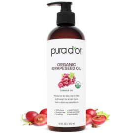 PURA D'OR Aceite de semilla de uva orgánico de 16 onzas – Aceite portador prensado en frío 100% puro y natural certificado por la USDA – Ligero y sedoso, sin perfume, sin hexano, hidratante líquido