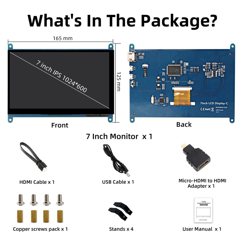 iPistBit 7 Inch LCD Touch Screen, 1024x600 IPS Display with