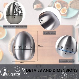 Bugucat Cucina Timer, Egg-shaped Egg Timer, Stainless Steel Kitchen Timer, Stainless Steel Kitchen Timer, Rustproof Timer with Stopwatch, 60 Minutes Kitchen Countdown Timer, Timer