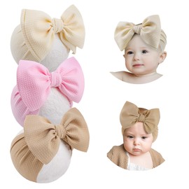 YanJie Big Bows Baby Girls Headbands Soft Stretchy Newborn Bows Infant Baby Hair Bows Toddler Headwrap Hair Accessories Khaki Beige Light Pink 3 PCS