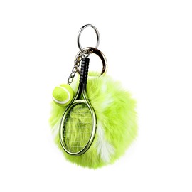 Cute Pom Pom Tennis Ball Key Chain Colorful Tennis Racket Key Rings Sports Gift for Women Men-Green
