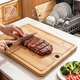 Dishwasher Safe Bamboo Cutting board: 212°F High-Temp Cycles, No Cracking - 14×10.6 Inch High-Density Bamboo Reduce 60% Knife Marks - Durable & Reversible Chopping Board for Daily Home Cooks