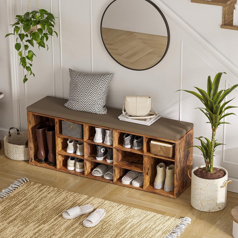 DINZI LVJ Shoe Storage Bench with Cushion, 15-Cubby Rack, Adjustable