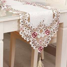 LeLehome 15 Inch X 69 Inch Classic Lace Table Runner, Flowers Embroidery Floral Washable Fabric Table Top Party Wedding Home Decoration - Dark Rose