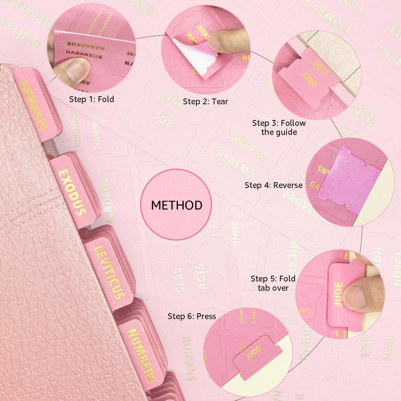 Erilano Pink Bible Tabs for Women - 80 Gold Foil