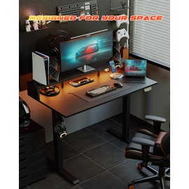 Electric Height Adjustable Standing Desk with Power Outlet and LED Light Strip, Sit to Stand, Ergonomic 48x24" Rising Desk with Memory Presets, Home Office Workstation, Computer Gaming Table, Black