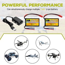sea jump 2PCS 7.4V 500mAh 30C Lipo Battery with JST-2P Plug and 2in1 Chager Suitable for RC Helicopters, Quadcopters, Small Sircraft, Micro FPV Racing Drones, RC Cars, Trucks, and High-Speed Vehicles