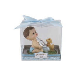 Mega Favors Keepsake Figurine 12 pcs Baby Boy Holding Bottle Next to Puppy | Awesome Decorations or Party Favors | for Pregnancy Announcements, Gender Reveals, Birthday and Special Celebrations