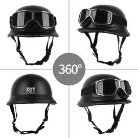 German Style Motorcycle Half Helmet, Vintage Lightweight Motorcycle Helmets, DOT Approved Adult Men Women Retro Half Face Helmet, with Goggles, for Bicycle Cruiser Scooter(V1,L(59~60cm))