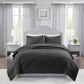 Comfort Spaces Kienna Quilt Set-Luxury Double Sided Stitching Design Summer Blanket, Lightweight, Soft, All Season Bedding Layer, Matching Sham, Black, Coverlet Full/Queen(90"x90") 3 Piece