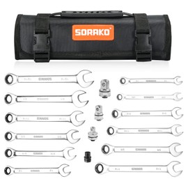 SORAKO 12 Piece Ratcheting Wrench Set, SAE 1/4-13/16 Chrome Vanadium Steel Wrenches, Combination Wrench Set for Car Repair and Household Equipment Repair with Handbag