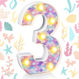 Glooglitter Mermaid Birthday Party Decoration, Decorative LED Glowing Numbers Mermaid Theme Marquee Digital Lights Table Centerpiece for Kids Under The Sea Birthday Baby Shower Party Decoration(3)