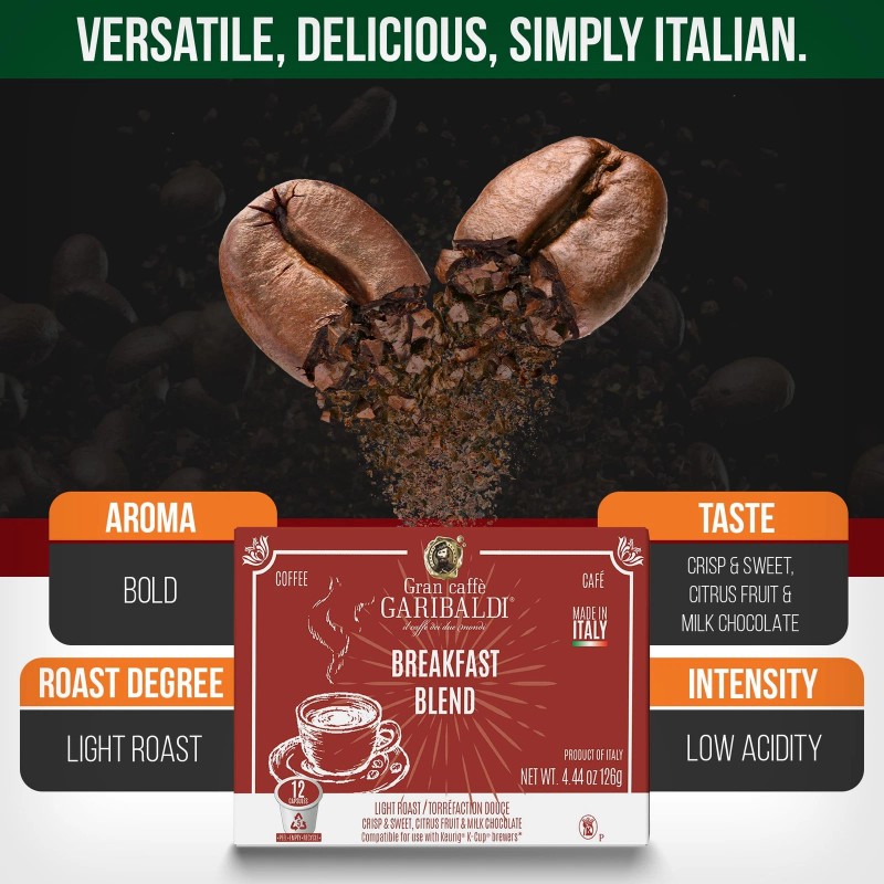 Caffè Garibaldi Breakfast Blend Coffee Pods, Single-Serve Capsules for Keurig