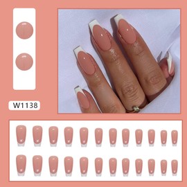 NovaCharm French Press On Nails - Medium Square Fake Nails - Pink False Nails With Glue On Nails - Natural Full Cover Nail Tips - Stick On Nails For Women Manicure DIY At Home