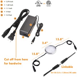 Lvyinyin LED Under Cabinet Lighting Linkable Kit, Wireless Dimmable Puck Lights, RF Remote Control, 110V to 12V Direct Wired Power Adapter, Black Cable, 6 Lights, Warm White