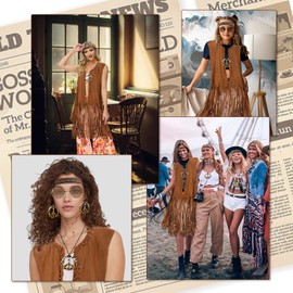 Amazluck 70s Fancy Dress Women Fringed Waistcoat Hippie Costume Hippie Accessories 70s Costumes for Women 70s Fancy Dress Plus Size Hippie Headband L