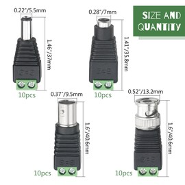 WMYCONGCONG 20 PCS 2.1x5.5mm Female and Male DC Power Adapter Connector + 20 PCS Camera Video BNC Male and Female Balun Connector for Coax Cat5 CCTV