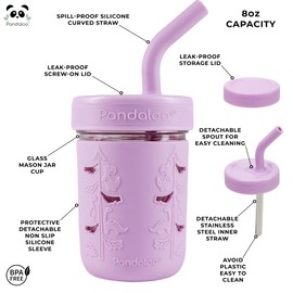Pandaloo® Mason Jar Toddler Cup - 8 oz Spill-Proof Glass Tumbler with Silicone Straw and Lid, Non-Slip Sleeve, BPA-Free Toddler Snack Cups - Perfect Smoothie Cups with Lids and Straws for Kids