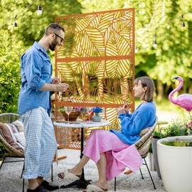 Outsunny Metal Outdoor Privacy Screen, Decorative Privacy Fence Screen, Outdoor Divider with Leaf Motif for Fun Shadows or Use as Climbing Plant Trellis for Garden Walkway, Balcony, Patio, 6.5', Brown