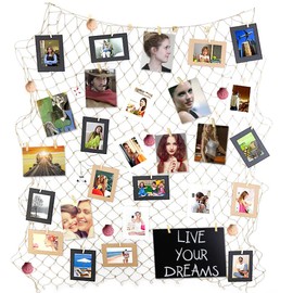 Ecjiuyi Foto hängende Anzeige,Mittelmeer Fischernetz Bilderrahmen Wanddekoration,Collage Fotorahmen Holzbilderrahmen mit 30 kleinen Wäscheklammern (Beige)