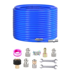 Sewer Jetter Kit for Pressure Washer 100FT, 5800 PSI Water Jet Drain Cleaner Hose 1/4 Inch NPT Corner, Rotating and Button Sewer Jetting Nozzles, Waterproof Tape, Spanners, and Pearl Corsage Pin