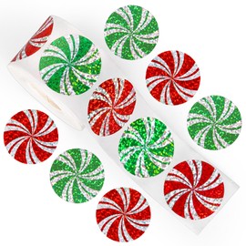Whaline Christmas Candy Stickers Roll Peppermint Laser Seal Stickers Xmas Red Green Waterproof Self-Adhesive Decals for Envelope Journal Decor Party Supplies, 500Pcs