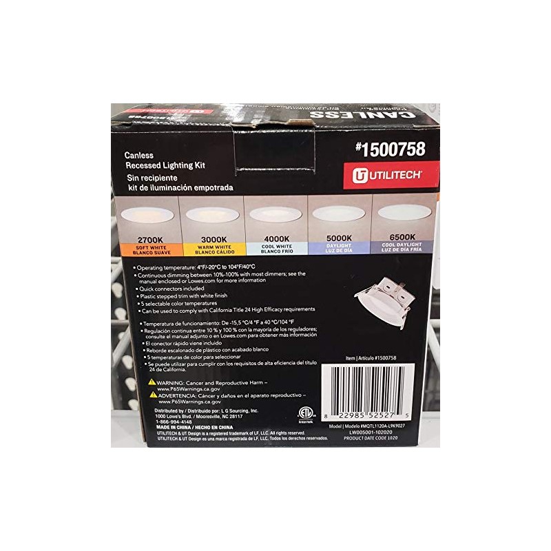 Utilitech Color Changing 4-in 55-Watt Equivalent White Round Dimmable Recessed