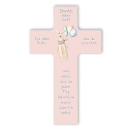 Fritz Cox - Kinderkreuz Teddybär | christliches Geschenk für Kinder | Danke lieber Gott (rosa, 15cm)