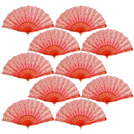QIRMIZI 10 Pack Folding Handheld Fans,Silk Spanish Fan, Perfect for Weddings, Parties, and Dancing,Red