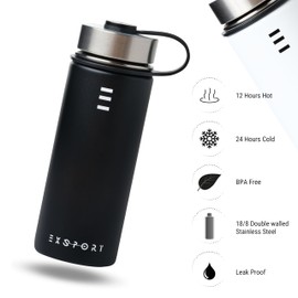 EXSPORT Stainless Steel Water Bottle - 18 Oz Water Bottle with Straw Lid, Coffee Lid, and Wide Mouth Lid - Double Insulated Water Bottle - Metal Water Bottle - Hot and Cold Insulated Thermos - (Black)