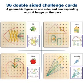 Graphical Educational Toys, Wooden Geoboard Mathematical Manipulative Material Array Block Geo Board – with 30Pcs Pattern Cards and Latex Bands Shape STEM Puzzle Matrix 8x8 Brain Teaser for Kid