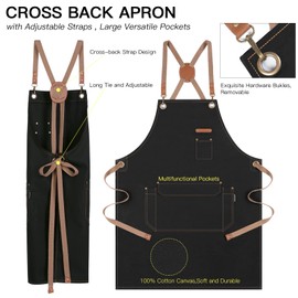 Genixart Chef Apron for Men Women with Gift Box Pack, Cross Back Kitchen Aprons with Pockets for Cooking Baking, Cotton Canvas Work Apron for Restaurant Garden (1, black)