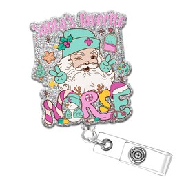 Obookey Santa Christmas Badge Reel Retractable, Nurse Cute Pink Badge Reels with Clip, Nursing ID Card Badge Holder for Women Nurses Doctor Students Teachers RN CNA Medical Assistant Gifts