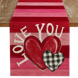 ARKENY Mothers Day Table Runner 13x72 Inches,Love You Heart Red Seasonal Farmhouse Burlap Stripe Indoor Kitchen Anniversary Wedding Dining Valentines Table Decorations for Home Party AT517-72