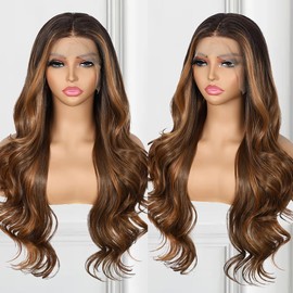 BABEHERS Ginger Brown Lace Front Wig for Women 13x4 Body Wave Synthetic Wigs Balayage Pre-plucked Long Wavy 150% Density Natural Heat Resistant Hair Daily Use 26 Inch