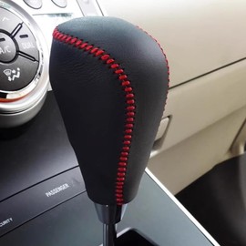 Genuine Leather Gear Shift Knob Cover Protector Hand Sewing for Toyota Camry 2012-2014 2015, RAV4 2013-2016 2017 2018, Yaris 2015-2017, Corolla 2014-2018 Accessories (2. Black with Red Sewing)