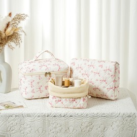 RSRSLEII 3Pcs Aesthetic Cotton Quilted Drawstring Makeup Bag Set, Aesthetic Cute Bow Makeup Pouch for Girls and Women, Aesthetic Travel Organized Cosmetic Bags for Purse(06Heart Bow)