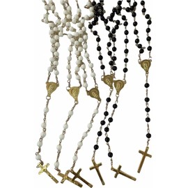 Bulk Mix 12 X Super Chic Black and Ivory Rosary Necklace with Word Italy Cross for Baptism, First Communion/Religious Favor With Gift Bag 19"