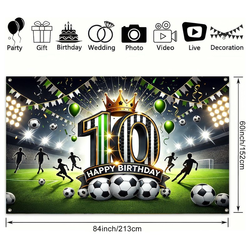 BlissYard 10th Birthday Banner 84x60 Inch Soccer Themed Backdrop
