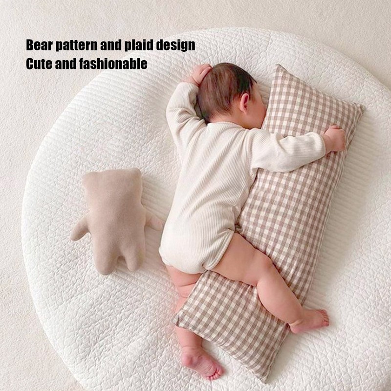 Cotton Baby Side Sleep Pillow Cute Plaid Bear Embroidery Pattern