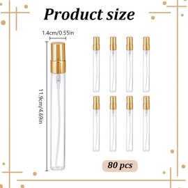 FREEBLOSS 80 PCS Mini Spray Bottles Clear Glass Perfume Bottles 10ML Portable Glass Spray Bottle Refillable Atomizer Spray Sample Containers for Travel Outdoors, Gold