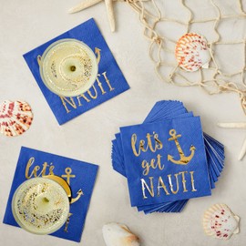 Juvale 50 Pack Gold Foil Let's Get Nauti Napkins 5 x 5 Inches, 3 Ply