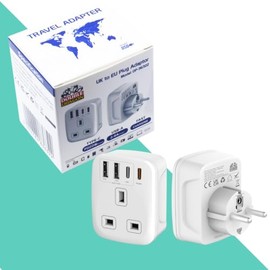 Double Dragon Double Dragon 20W Fast Charging 5-in-1 UK to EU Travel Adapter | 2 USB-A & 2 USB-C Ports | Converts UK 3 PIN Plug to European 2 PIN Plug in Spain, France, Portugal, Germany, Greece, Italy, Sweden, etc