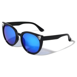 Color Mirror Round Lens Triangular Diamond Rhinestone Cat Eye Sunglasses P30286-RH-CM (Blue Black)