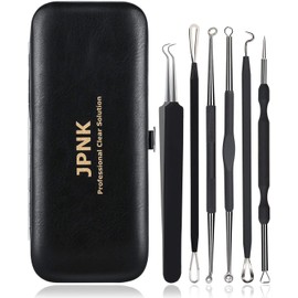 JPNK Blackhead Remover Tool Comedones Extractor Acne Removal Kit for Blemish, Whitehead Popping, 6 Pcs Zit Removing for Nose Face Tools with a Leather Bag (Black)