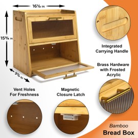 Gennua Kitchen Bamboo Bread Box for Kitchen Countertop, Large Dual-Layer Breadbox Provides Double the Bread Storage Space, Holds Multiple Loaves, Durable & Beautiful with Frosted Acrylic Panels