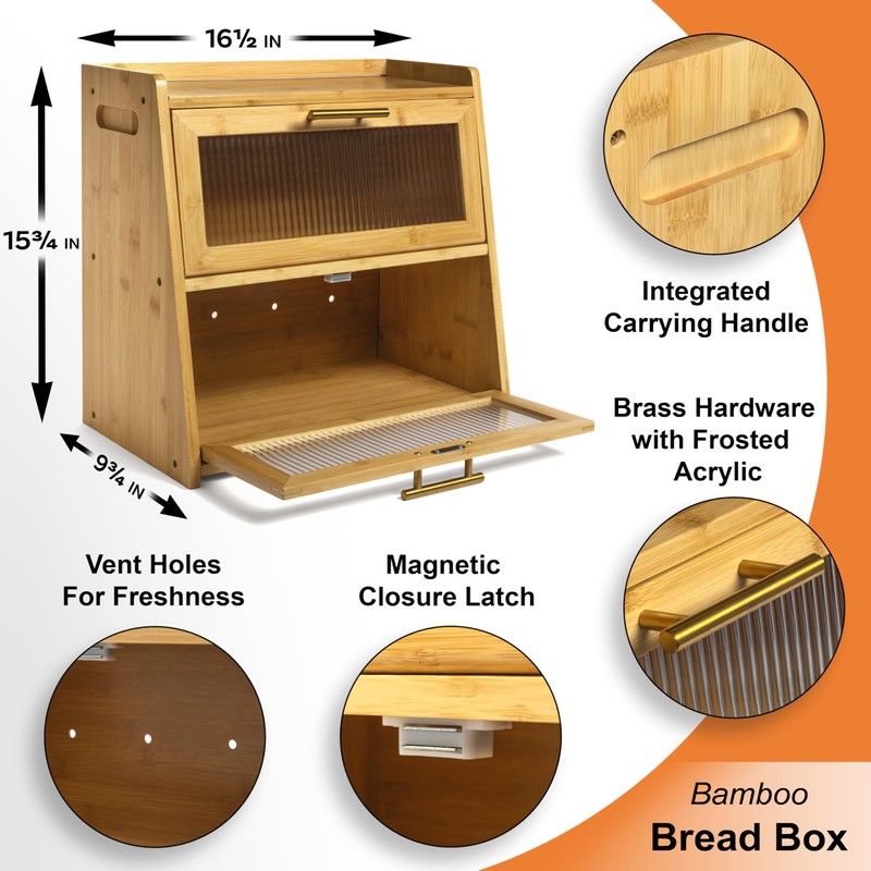 Gennua Kitchen Bamboo Bread Box for Kitchen Countertop, Large Dual-Layer