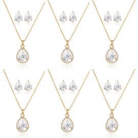ZHUWE Bridesmaid Jewelry Set for Wedding 1-4-6-8 Sets Gold/Rose Gold/Silver Plated Teardrop Bridesmaid Necklace Earrings Set Gift for Women (Gold Plated - 6 Sets)