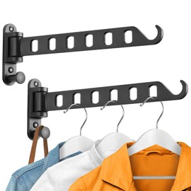 SKIKEN Laundry Drying Rack - Wall Mounted Clothes Hanger with Swing Arm, 6-Hole Laundry Hanger & Swivel Hanging Bar, Foldable Valet Hook, Laundry Room Closet, Sturdy Aluminum (2-Pack, Black)